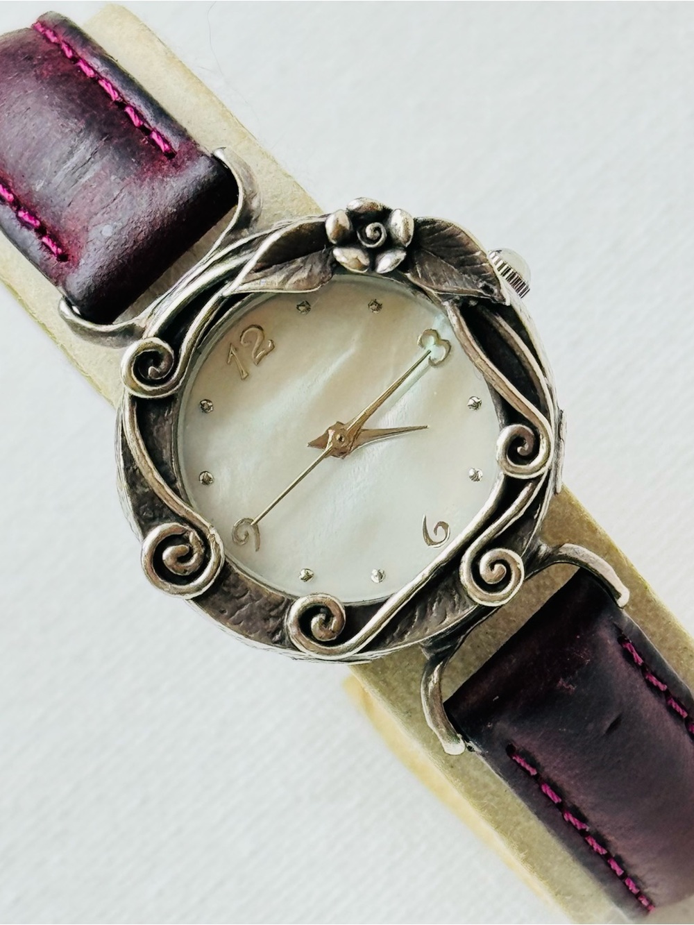 Or Paz Israel Mother Of Pearl Sterling Silver Women's Watch Burgundy Leather